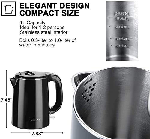 Secura Stainless Steel Double Wall Electric Kettle Water Heater for Tea Coffee w/Auto Shut-Off and Boil-Dry Protection, 1.0L (Black)