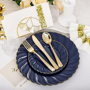 YOUBET 150PCS Blue Plastic Plates-Gold Plastic Silverware&Hand Napkins-Navy Disposable Plates include 50 Plates, 25 Forks, 25 Knives, 25 Spoons, 25 Napkins- Ideal for Wedding&Party