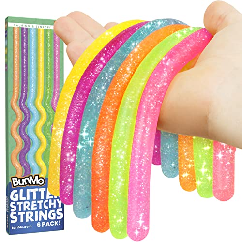 BUNMO Glitter Stretchy Strings 6pk | Perfect Sensory Toys for Anxiety & Stress | Calming Monkey Stretch Noodles | Focus & Stimulation | Easter Gifts for Kids | Easter Basket Stuffers for Girls