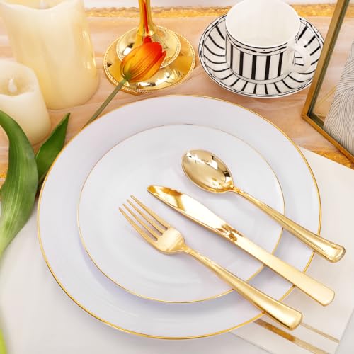 176Pcs White and Gold Plastic Plates - White Plastic Plates with Gold Rim 25Guest include 25Dinner Plates 25Dessert Plates 25Cups 25 Cutlery 25Napkins 1Tablecloth for Party&Weeding&Christmas