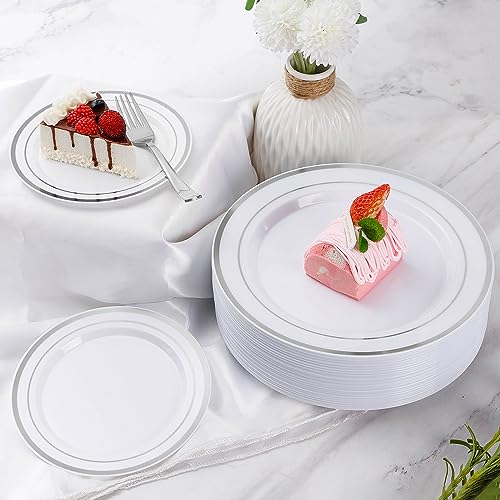 600 Piece Disposable Silver Plates for 100 Guests, Plastic Dinnerware Set of 100 Dinner Plates, 100 Salad Plates, 100 Spoons, 100 Forks, 100 Knives, 100 Cups, Plastic Plates for Party, Weeding