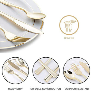 N9R 150PCS Gold Plastic Plates with Plastic Cutlery Set and Cups, Disposable Silverware include 25 Dinner Plates, 25 Dessert Plates, 25 Forks, 25 Knives, 25 Spoons, 25 Cups for Party and Wedding