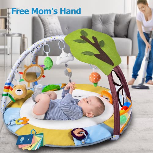 Lupantte Baby Gym Play Mat with 9 Toys for Sensory and Motor Skill Development Language Discovery, Thicker Non-Slip Activity Ball Pit, Green Tree Newborns, Babies to Toddlers as Gift