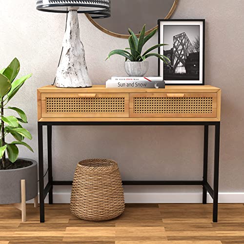 COZAYH Rustic Console Table with 2 Drawers Entryway Hallway Farmhouse Country Style, Cabin-Inspired Natural Finish (Natural Brown)