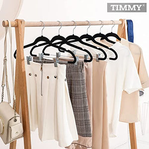 TIMMY 30-Pack Pants Hangers, 16.7-Inch Long Velvet Trousers Hangers with Adjustable Clips, Heavy-Duty, Non-Slip, Space-Saving ，360 ° Swivel Hooks Black Velvet Hanger