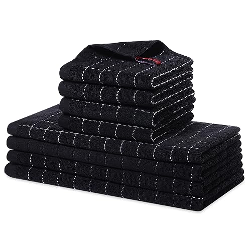 Homaxy Kitchen Towels and Dishcloths Set, 12 x 12 and 13 x 28 Inches, Set of 8 Bulk Cotton Terry Kitchen Towels Set, Checkered Designed, Soft and Super Absorbent Dish Towels, Black