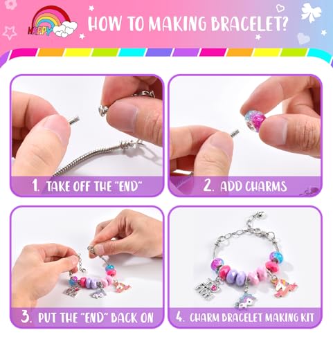 Girls Charm Bracelet Making Kit - Kids Unicorn Charms Bracelets Kits Jewelry Supplies Make Set DIY Art Craft Set Creative Birthday Gifts for 3 4 5 6 7 8 Year Old Girl Little Children Girl Toys Age 6-8