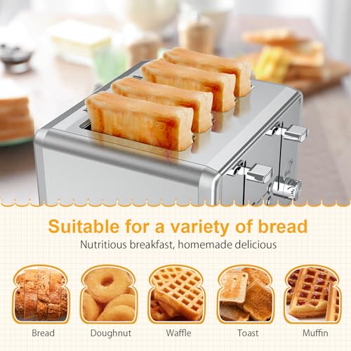 WHALL Toaster Stainless Steel, 6 Bread Shade Settings, Bagel/Defrost/Cancel Function, 1.5in Wide Slot, High Lift Lever, Removable Crumb Tray, for Various Bread Types