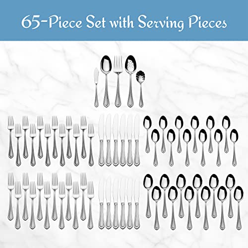 Mikasa Regent Bead 65 Piece Silverware Set, 18.10 Polished Mirror Stainless Steel, Service for 12 with Serving Set