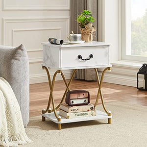 VECELO White and Gold Nightstands Set of 2 with Drawer for Bedroom, Endtable Bedside Table with Storage & Open Shelf for Living Room, Modern Style