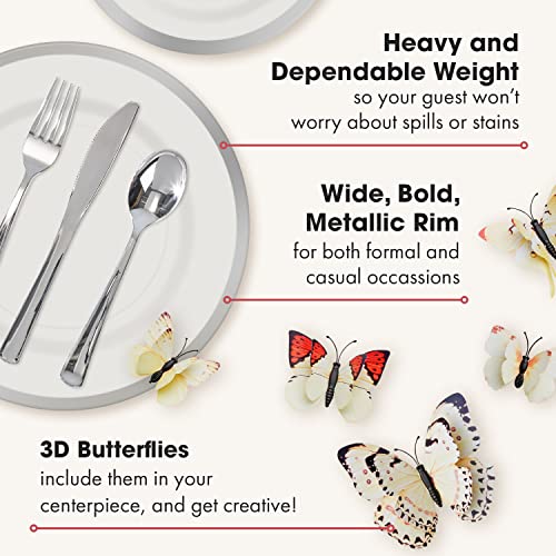 By Madee: Heavyweight Plastic Plates Disposable Dinnerware Set - Silver & Clear 150 Piece Plates Set for 25 Guests - Dinner & Salad Plates, Silverware & Gift of 3D Butterflies - Premium Party Supplies
