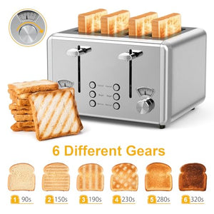 WHALL Toaster Stainless Steel, 6 Bread Shade Settings, Bagel/Defrost/Cancel Function, 1.5in Wide Slot, High Lift Lever, Removable Crumb Tray, for Various Bread Types
