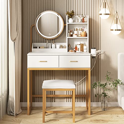 Vabches Makeup Vanity Desk with Round Mirror and Lights, White Vanity Makeup Table with Hair Dryer Rack, Small Vanity Table for Bedroom with Lots Storage, 3 Lighting Modes, 31.5in(L)
