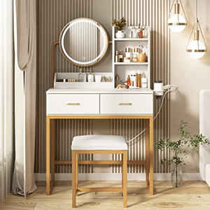 Vabches Makeup Vanity Desk with Round Mirror and Lights, White Vanity Makeup Table with Hair Dryer Rack, Small Vanity Table for Bedroom with Lots Storage, 3 Lighting Modes, 31.5in(L)