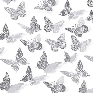 SAOROPEB 3D Butterfly Wall Decor, 48 Pcs 4 Styles 3 Sizes, Removable Metallic Wall Sticker Room Mural Decals for Kids Bedroom Nursery Classroom Party Decoration Wedding Decor DIY Gift (Sliver)
