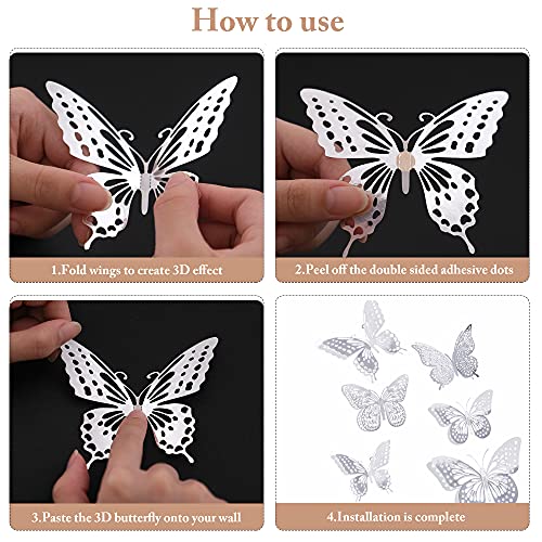 SAOROPEB 3D Butterfly Wall Decor, 48 Pcs 4 Styles 3 Sizes, Removable Metallic Wall Sticker Room Mural Decals for Kids Bedroom Nursery Classroom Party Decoration Wedding Decor DIY Gift (Sliver)