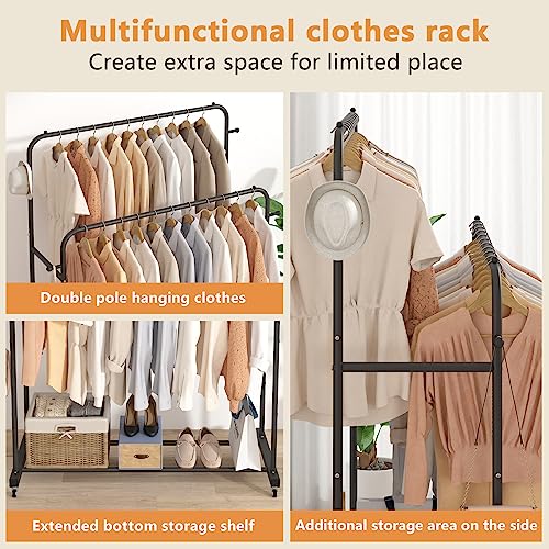 Laiensia Double Rods Garment Rack with Wheels, Clothing Rack for Hanging Clothes,4 Hooks, Multi-functional Bedroom Clothes Rack, Black