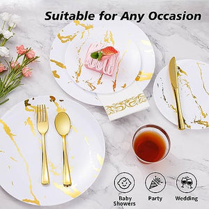 175 Piece White and Gold Plastic Dinnerware Set for 25 Guests, Disposable Plastic Plates for Party, Include: 25 Dinner Plates, 25 Dessert Plates, 25 Paper Napkins, 25 Cups, 25 Plastic Silverware Set