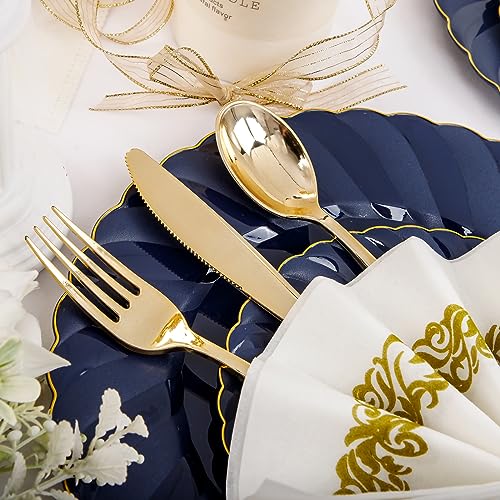 YOUBET 150PCS Blue Plastic Plates-Gold Plastic Silverware&Hand Napkins-Navy Disposable Plates include 50 Plates, 25 Forks, 25 Knives, 25 Spoons, 25 Napkins- Ideal for Wedding&Party