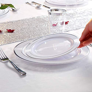 WDF 40Guest Silver Plastic Plates with Silver Silverware - White Plastic Plates with Silver Rim, Dinnerware Sets Include 40 Dinner Plates, 40 Salad Plates,40 Forks, 40 Knives, 40 Spoons