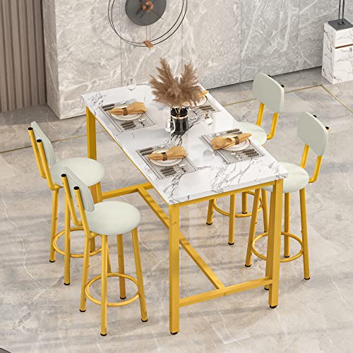 AWQM Faux Marble Dining Table with 8 PU Upholstered Chairs, Breakfast Table Bar Table and Backrest Chairs with Footrest for 8-10 People, Dining Room Set Space Saving Furniture (White & Gold)