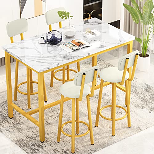 AWQM Faux Marble Dining Table with 8 PU Upholstered Chairs, Breakfast Table Bar Table and Backrest Chairs with Footrest for 8-10 People, Dining Room Set Space Saving Furniture (White & Gold)