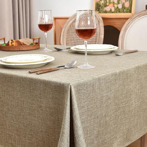 Fitable Faux Linen Table Clothes Rectangle 60 x 120 Inch - 2 Pack Khaki Tablecloths for 8 Foot Tables, Faux Burlap Kitchen Table Covers for Dining, Party, Farmhouse, Banquet, Buffet