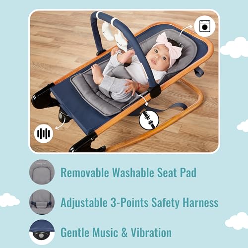 Rock with me 2-in-1 Rocker and Stationary Seat | Compact Portable Infant Rocker with Removable Toys Bar & Hanging Toys in Blue