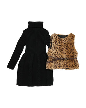 Girls 2pc Faux Fur Vest Cable Sweater Dress Set