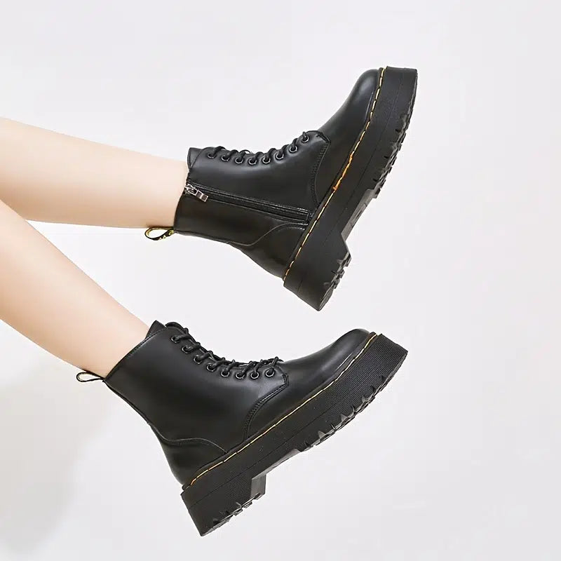 image 3 of Platform Black Short Combat Boots  Fashion Comfortable Zipper & Lace Up Boots  Women‘s Outdoor Footwear