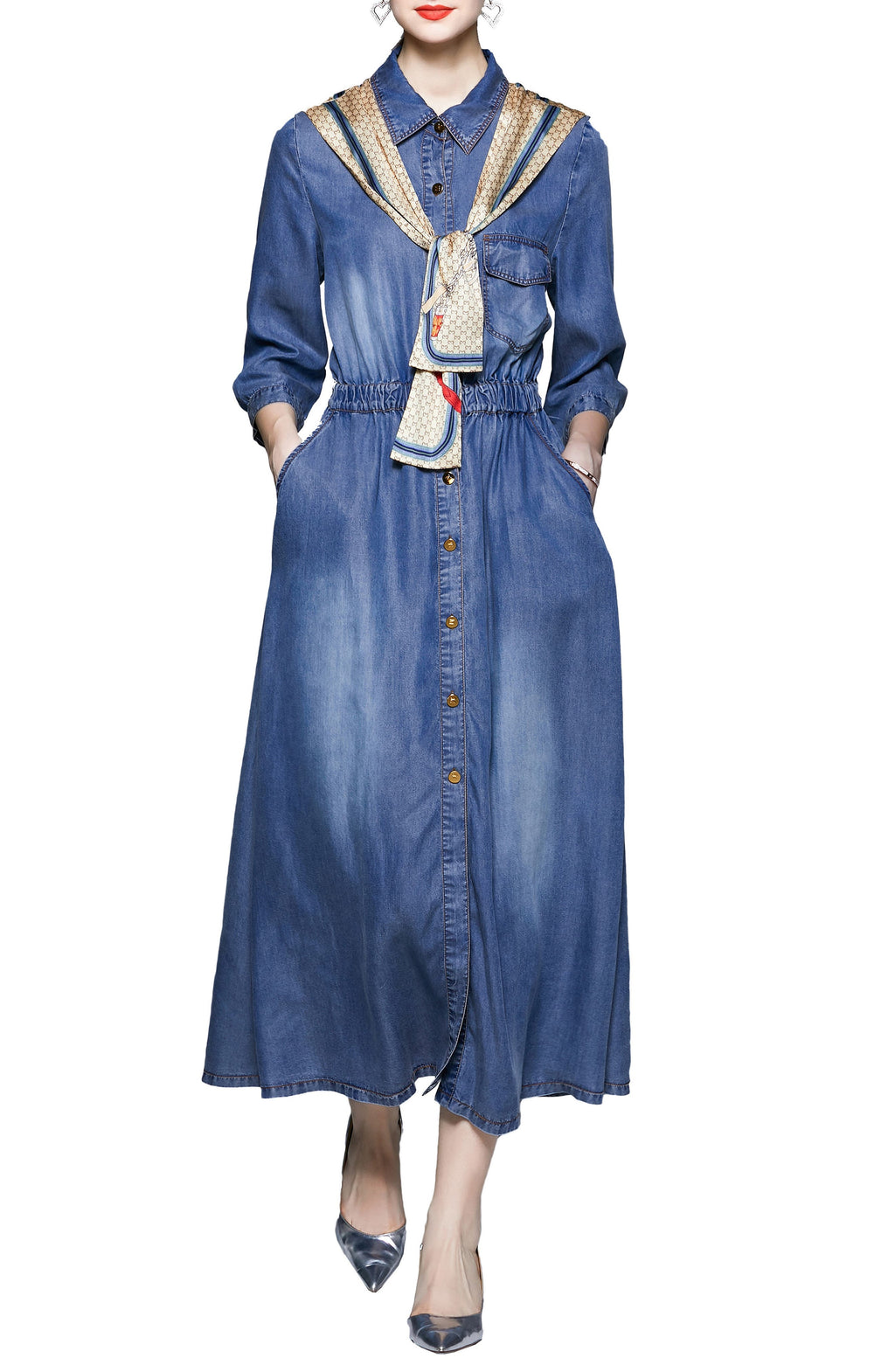 KAIMILAN Point Collar A-Line Maxi Dress, Main, color, BLUE
