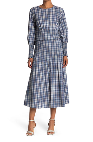 SOMETHING NAVY,
                                                Blanche Plaid Long Sleeve Smocked Midi Dress,
                                                Main thumbnail 1, color,
                                                BLUE/ WHITE
