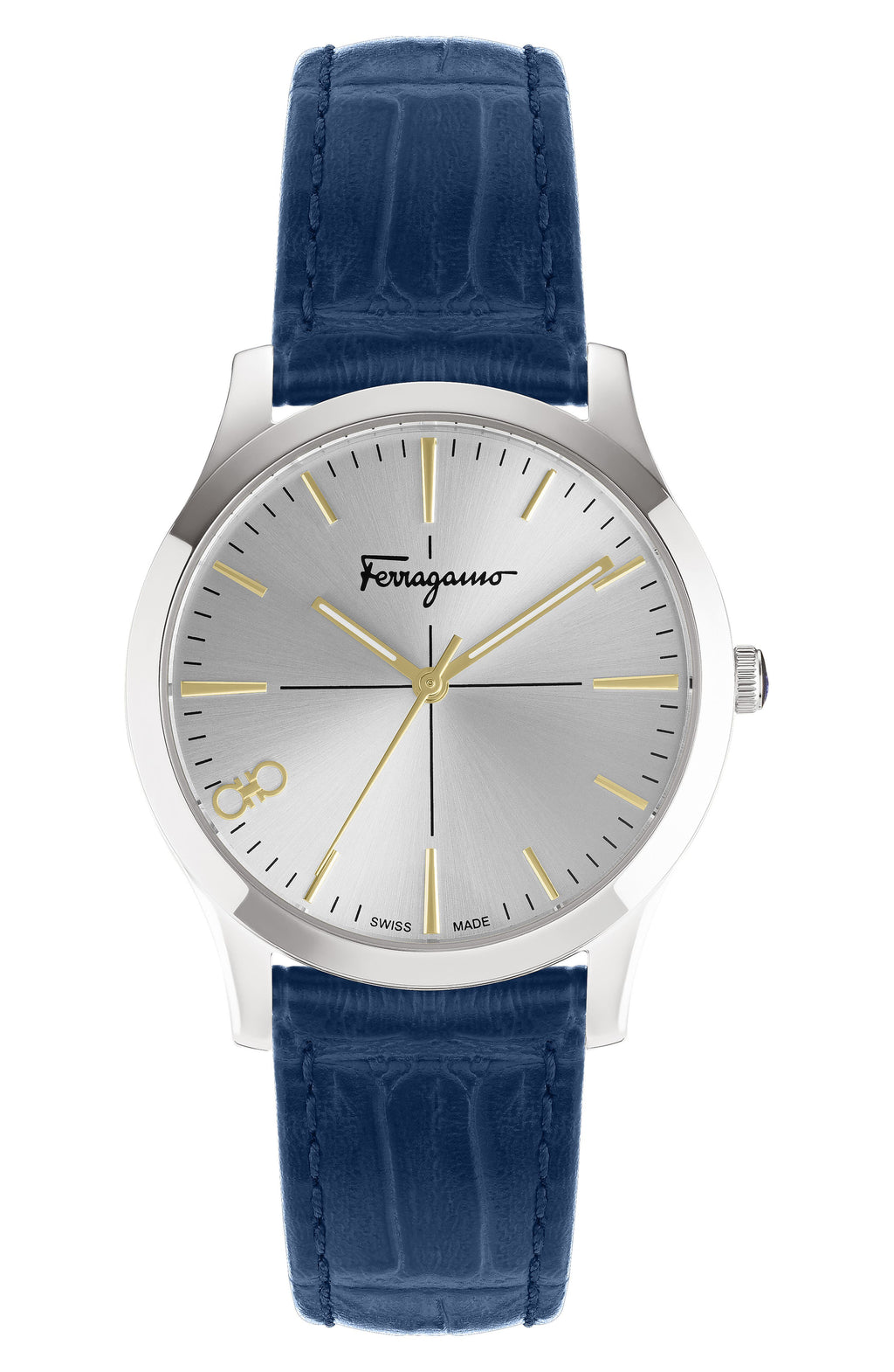 FERRAGAMO Croc-Embossed Leather Strap Watch, 35mm, Main, color, STAINLESS STEEL