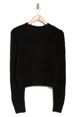 ELODIE Pompom Cable Knit Crop Sweater, Alternate, color, BLACK