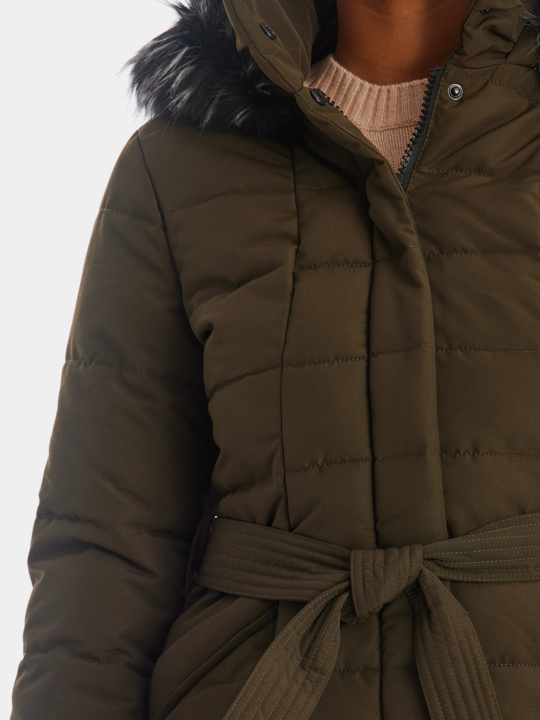 Fur Hood Belted Puffer Coat & Bib