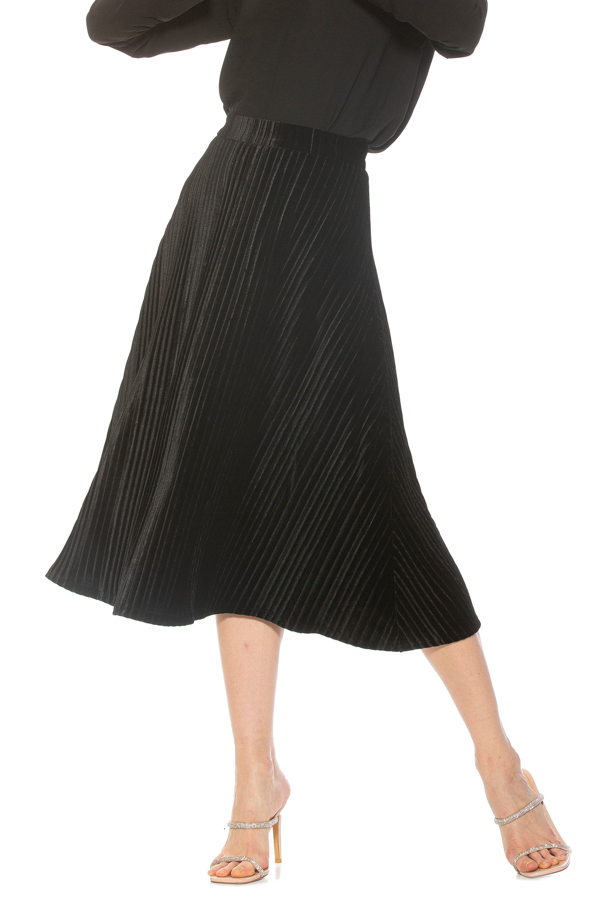 ALEXIA ADMOR Alania Pleated Velvet Midi Skirt, Main, color, BLACK