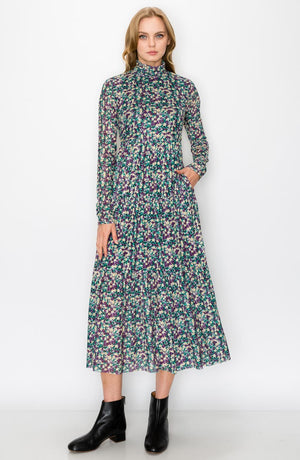 MELLODAY Floral Print Mock Neck Long Sleeve Midi Dress