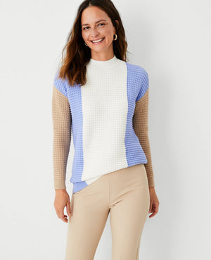 Image 1 of 4 - Colorblock Textured Mock Neck Sweater