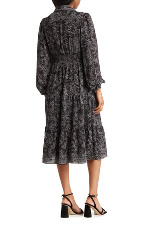 MAX STUDIO Long Sleeve Tiered Midi Shirt Dress, Alternate, color, BLACK/ IVORY DAISY