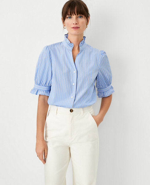 Image 1 of 4 - Stripe Ruffle Button Top