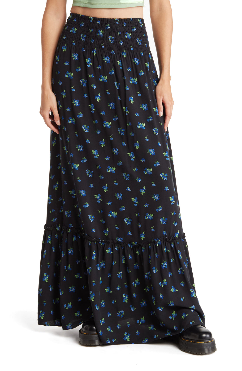 WE WORE WHAT Floral Tiered Ruffle Maxi Skirt, Main, color, BLACK MULTI