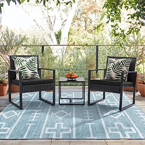 Flamaker 3 Pieces Patio Set Outdoor Wicker Furniture Sets Modern Rattan Chair Conversation Sets with Coffee Table for Yard and Bistro (Black)