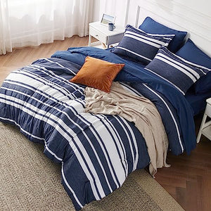 Bedsure Sheets Queen Size Bed Set 7 Pieces, Navy & White Striped Bedding Sets All Season Bed in a Bag, 1 Comforter, 1 Flat Sheet, 1 Fitted Sheet, 2 Pillowcases & 2 Shams