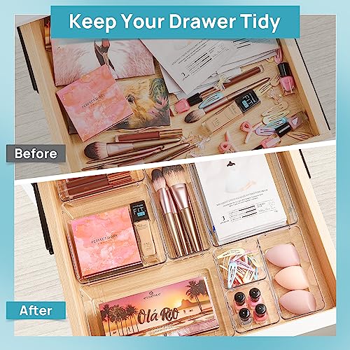 Vtopmart 28 PCS Clear Plastic Drawer Organizers Set, 4-Size Bathroom and Vanity Drawer Organizer Trays, Acrylic Storage Bins for Makeup, Cosmetic, Kitchen Utensils, Tool Organizer for Gadgets