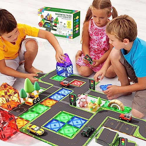 56PCS Magnetic Tiles Road Toppers Set Building Toys for 3 Year Old Boys and Girls Playing with Car Toys Preschool Learning Activities Gift for 3 4 5 6 Year Old Toddlers Kids