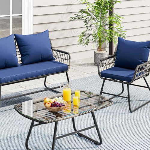 YITAHOME 4-Piece Patio Furniture Wicker Outdoor Bistro Set, All-Weather Rattan Conversation Loveseat Chairs for Backyard, Balcony and Deck with Soft Cushions and Metal Table (Navy Blue)