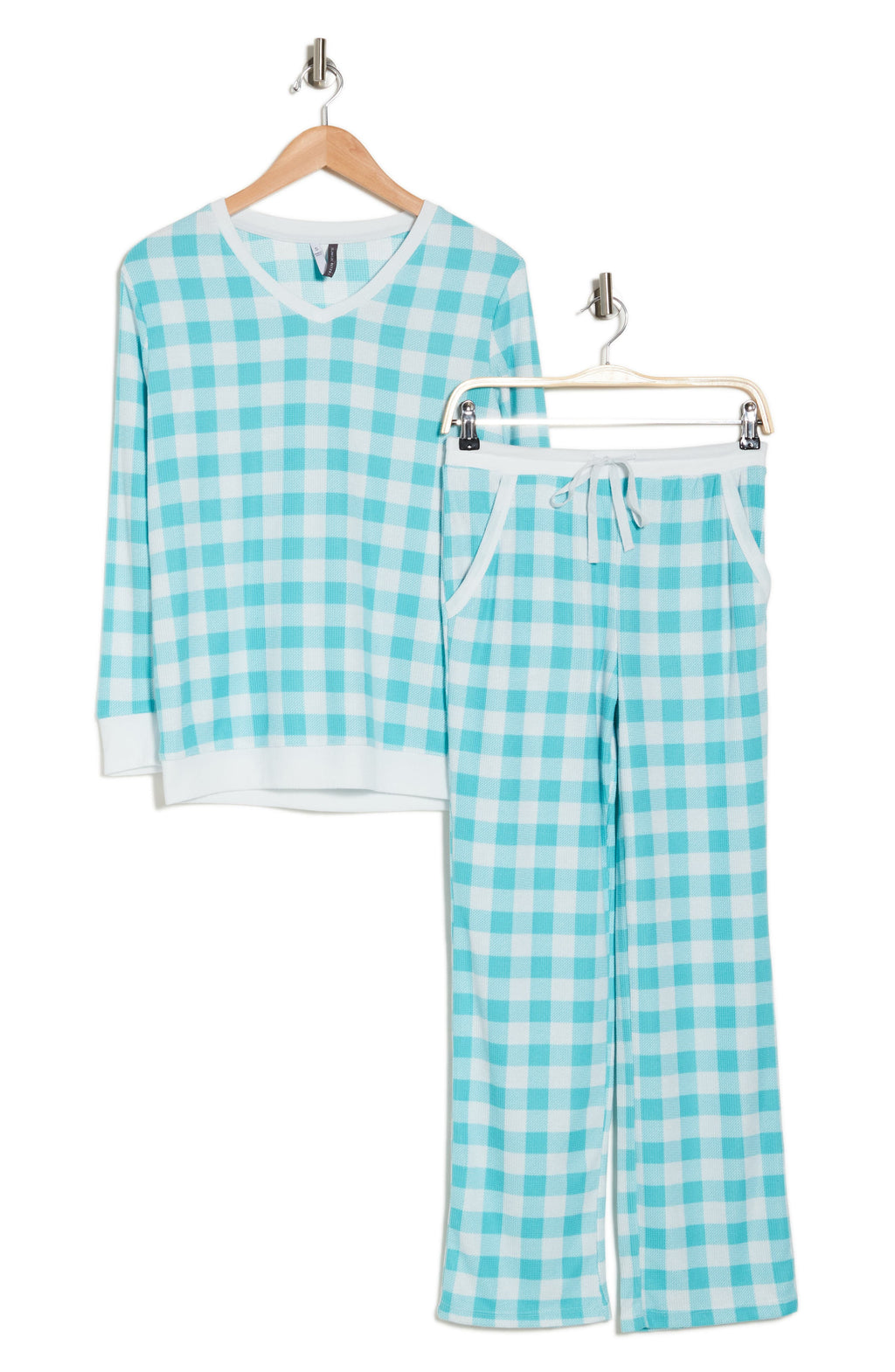 JACLYN Whisper Waffle Knit Long Sleeve Top & Pants Pajamas, Alternate, color, WHITE/ TEAL