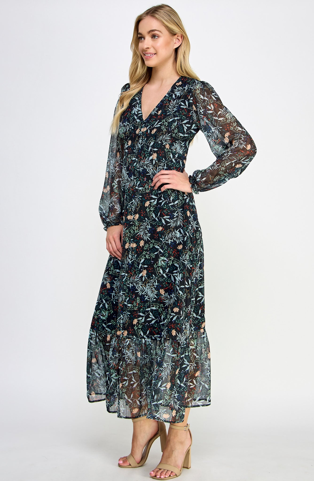 KOKO + MASON Long Sleeve Tiered Maxi Dress, Alternate, color, BLACK MULTI