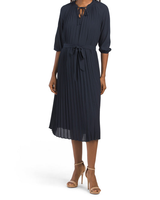 Pleated Crepe Chiffon Midi Dress