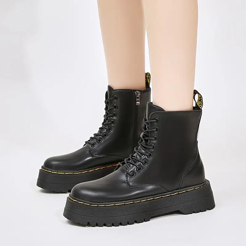 image 5 of Platform Black Short Combat Boots  Fashion Comfortable Zipper & Lace Up Boots  Women‘s Outdoor Footwear